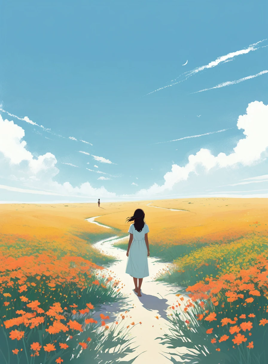 Minimalist Journey, Sea of Flowers,solitary, 1 girl looking up at the sky, Minimalism, In the savannah, illustration.