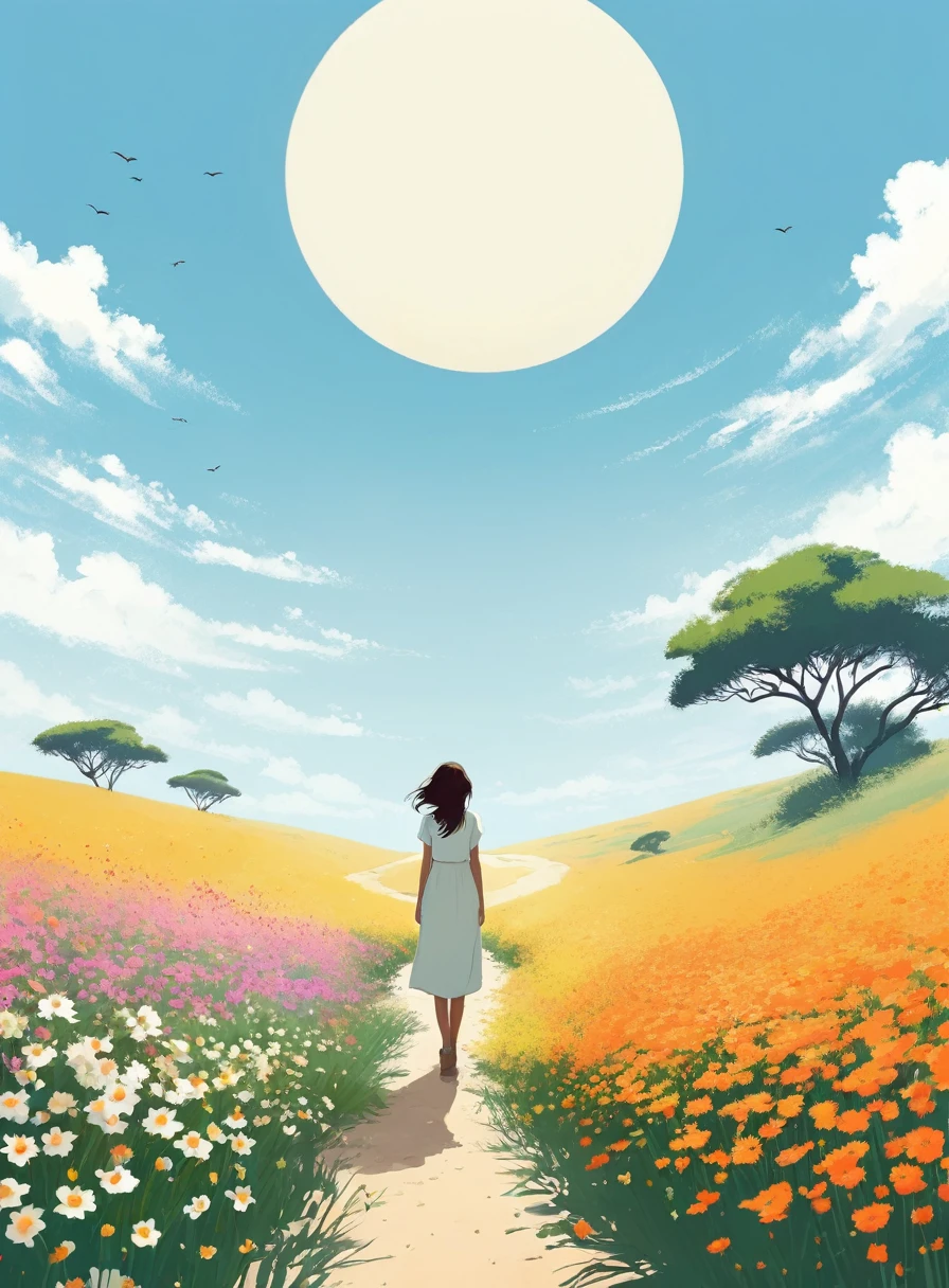 Minimalist Journey,  Sea of Flowers,solitary, 1 girl looking up at the sky, Minimalism, In the savannah, illustration.