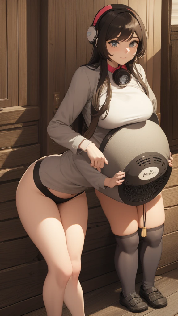 The girl is very large. She has a speaker the size of a donkey.