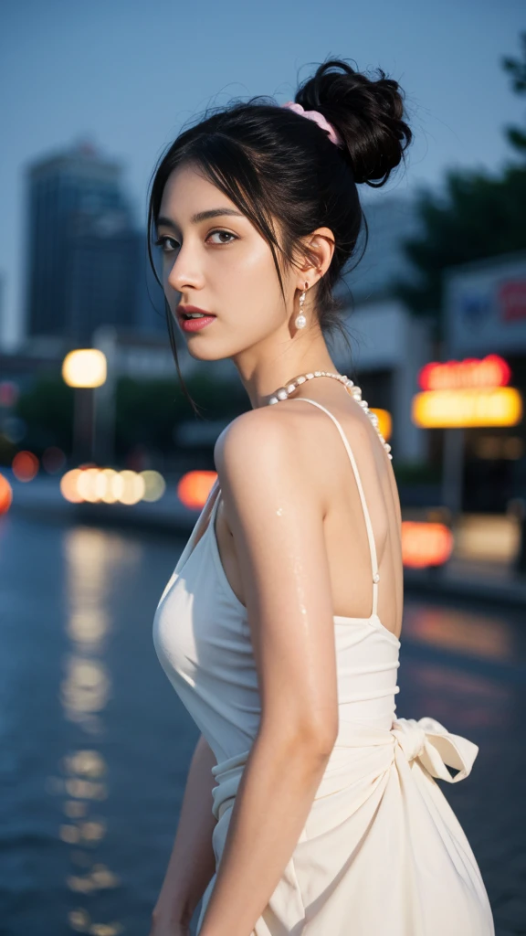 From the side, hip up,((Adilynn)), sideways pose, random posture, night time, (An extremely delicate and beautiful work), (masterpiece), 1 girl, streetwear, very detailed, twisted ponytail, attractive expression, huge breasts, beautiful and clear eyes, blue eye pupil, delicate pearl necklace, delicate earrings, simple blurred background, extreme details, beautiful, attractive, Ultra-fine painting, delicate face, delicate figure, thin clavicle, nice lips, soft back, mix 4,(8k, RAW photo, highest quality, masterpiece:1.2), (realistic, photo-realistic:1.37),1 girl,cute,cityscape, night, rain, Wet, professional lighting, photon mapping, radio city, Physically based rendering, above the waist,