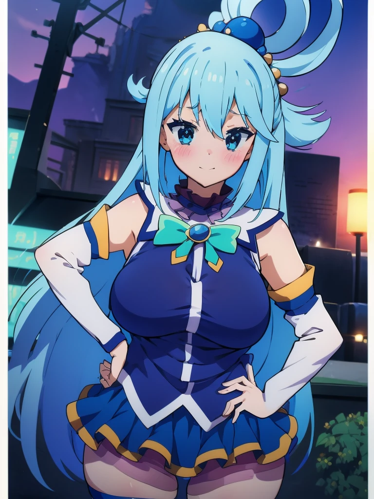 ((masterpiece)), ((Best quality)), (ultra detailed), ((kawaii)), Cute, (Beautiful), ((sexual)), ((extremely detailed)), 4K, (8 thousand.), Best quality, (Beautiful), illustration, anime style, (heavy line:1.2), Gradation, a Cute girl, 1 girl, Konosuba, Water, blue hair, detailed clothing, detailed fabric, Hair rings, (One:1.2), //, standing, (Place your hands on your hips), //,  emphasizing the neckline and short skirt, slightly sheer top blouse, short pleated skirt, //, Perfect eyes, //, (sexual expression:1.2), fascinated expression, smiling, looks at the viewer, (blush:1.2), //, (Beautiful eyes) //, night sky, distant city lights, lifting skirt, Panties shown, Cute, stockings, hips high, Medium breasts, T-boots, Mid thighs