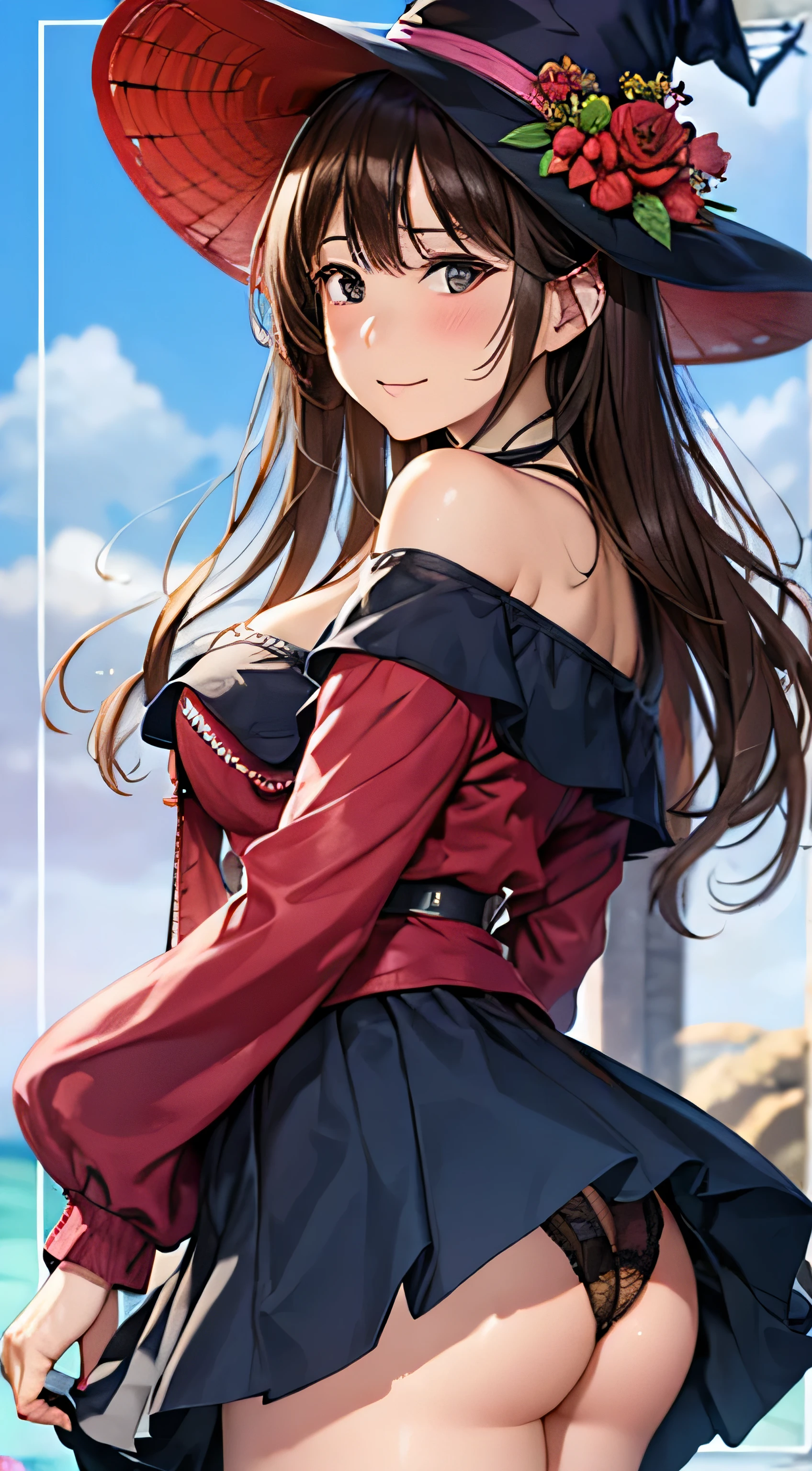 ((Tabletop, Highest quality, High resolution, , Pixel Perfect, 4K, ))), Beautiful woman,, alone, beauty、The whole body is visible、 (((Sexy Witch Cosplay), Long dark blonde wavy hair、Off-the-shoulder jacket, Dark blue flared skirt、、Mid-wave hair, bangs, Brown Hair)), ((Brown eyes, Beautiful eyelashes, Realistic eyes)), ((Detailed face, Blushing:1.2)), ((Smooth texture:0.75, Realistic texture:0.65, Realistic:1.1, Anime CG Style)), Center of chest, Dynamic Angle, Perfect body, ((,)), 、、Very embarrassing panic smile, 、Beautiful coast、Sleeping on the beach、(The wind flipped up her skirt, Showing cleavage、、、、Show me your ass、pink floral lace panties、)、Angle from below