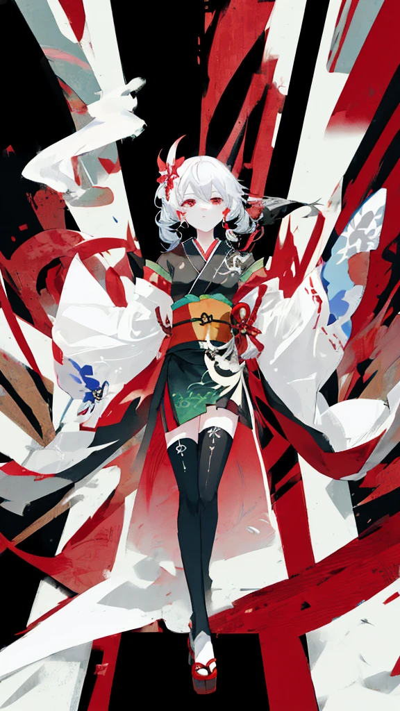 "Kaedehara Manyo from Genshin,best qualityer,White hair and red dye,Black and white paneled kimono,Black handguards,Red eyes,Wrap a bandage around your right hand。"