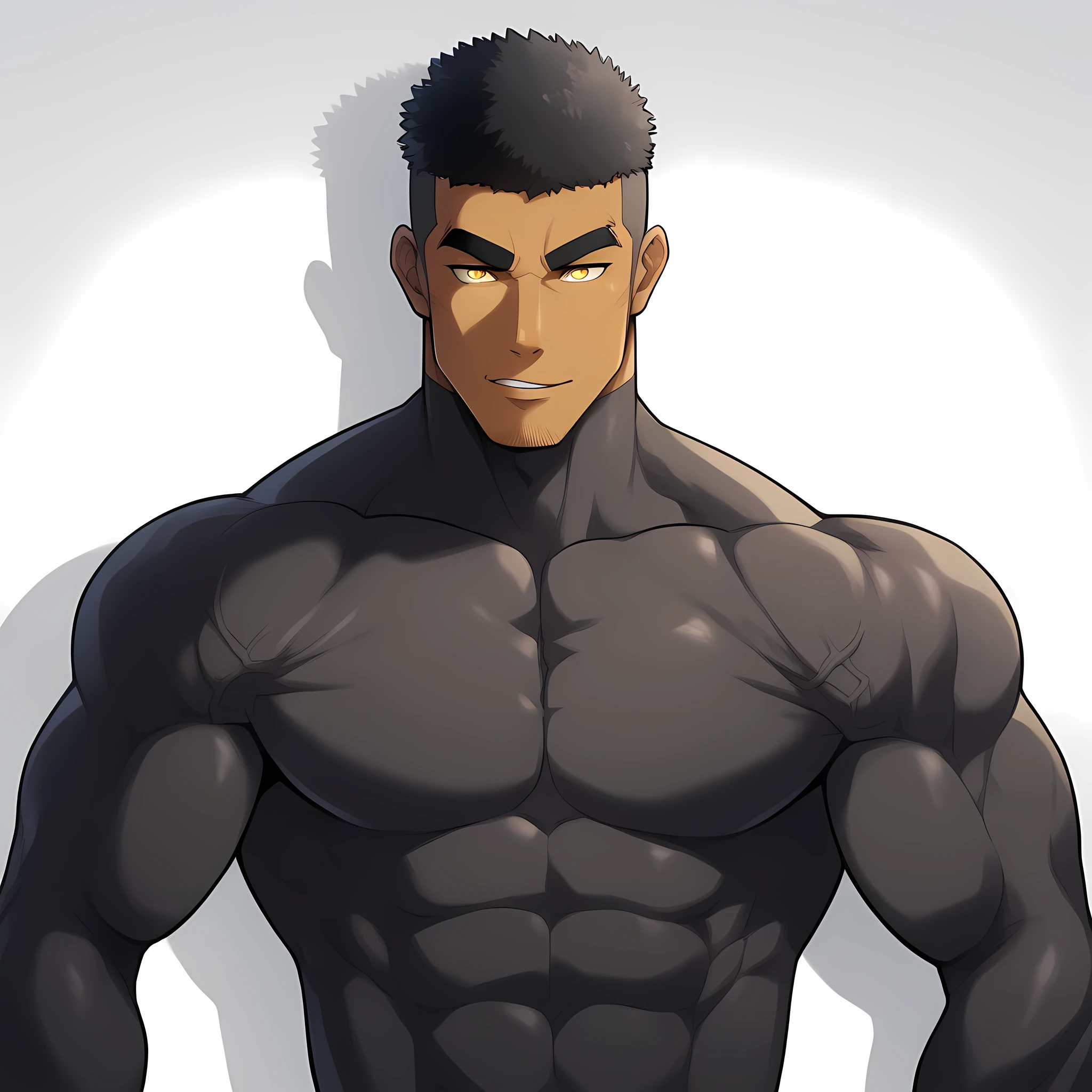 negro, negro, negro, anime characters:Gyee, Muscle Sports Student, negro black skin, 1 muscular tough guy, Manliness, male focus, Dark grey and Yellow long sleeve tights, Very tight, The pectoral muscles are oversized, Slightly transparent, muscular male, muscular, only, Upper body, alone, Black short hair, Thick eyebrows, stubble, Yellow eyes, White background, simple background, amazing quality, best aesthetics, Ridiculous, bright pupils, crew cut, parted lips, seductive smile, torogao, naughty face, drop shadow, best quality