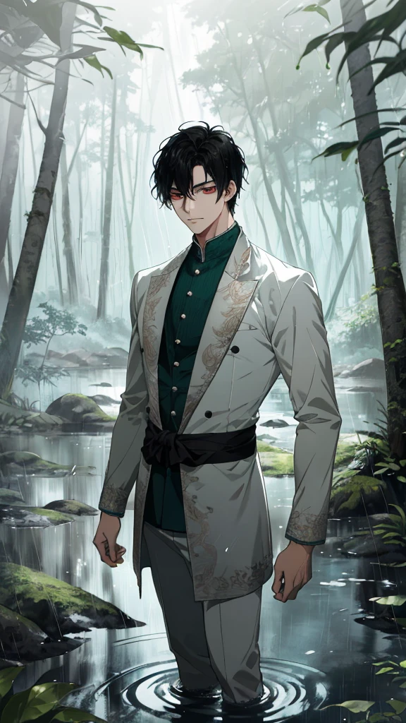 Anime-style male character standing in forest, (black hair:1.2), (gentle expression:1.1), red eyes, white noble outfit, (Standing in the middle of the forest with rainwater on the ground:1.3), sunlight reflecting on water, rain forest, subtle water splashes, high-resolution digital art, soft color palette, tranquil atmosphere, (serene ocean background:1.1), realistic water texture
