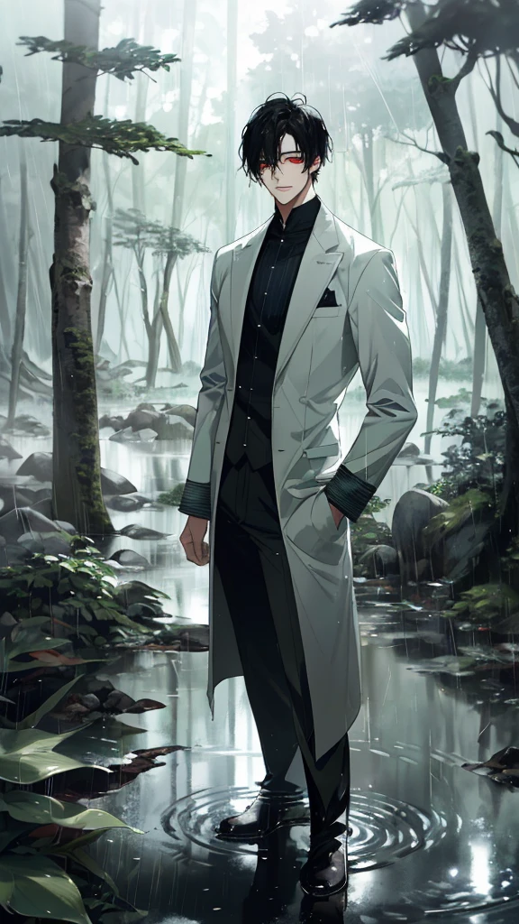 Anime-style male character standing in forest, (black hair:1.2), (gentle expression:1.1), red eyes, white noble outfit, (Standing in the middle of the forest with rainwater on the ground:1.3), sunlight reflecting on water, rain forest, subtle water splashes, high-resolution digital art, soft color palette, tranquil atmosphere, (serene ocean background:1.1), realistic water texture