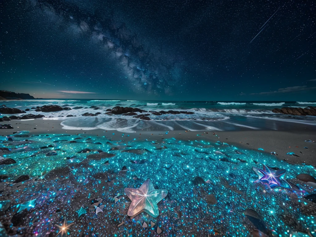 Starry sky on the dreamy beach, A piece of colorful fluorescent crystal pebbles sparkles, The surrounding seven-colored crystal star stones emit sparkling light, Glowing organisms, Colorful, Crystal clear, Sparkling, Very pretty., Smooth and delicate, Opal luminous, 8K ultra high definition, Ultra wide angle, anaglyph, stereogram, bloom, reflection light, vanishing point, Tonalism