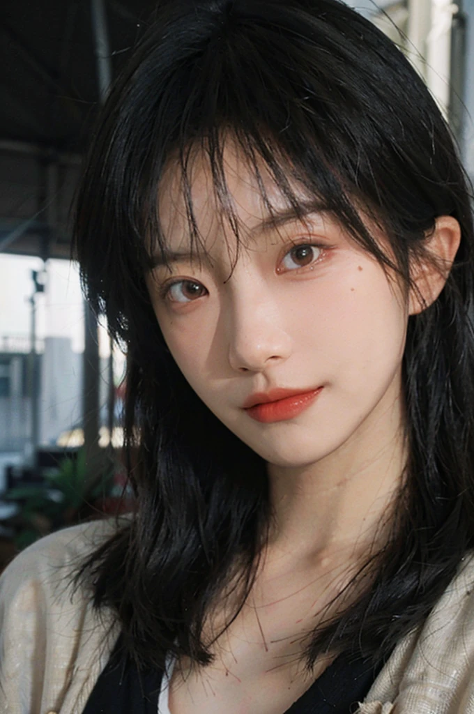 (Skin details:1.4), (smooth skin textures:1.3), Lipstick, background, Direct vision, earrings, serene, calm, (Realistic and detailed eyes：1.2）, Natural skin texture, Realistic facial details, Soft dramatic lighting, Vivid details, 35 mm film, outdoor, (Photo Practical:1.4), (hyper Practical:1.4), (Practical:1.3), (Smoother lighting:1.05), (Improve lighting quality:0.9), (Highest quality real skin textures:1.4), Exquisite eyes, Delicate face, (Close-up of face, (Enhance the beauty of skin texture:1.1), Hair details, Noble temperament, (Black clothes 1.3), normal body ratio, short hair, Headband, Moles under the eyes, thinking, A faint smile,,户外background，Portrait Photography, Depth of Field, Bokeh, Surrealism, Ray Tracing, (Portrait Photography:1.1), Surrealism, High Detail, Chiaroscuro, Ray Tracing, reflected light, Ultra HD, Ultra HD, masterpiece, Textured Skin, Super Detail, High Detail, high quality, best quality