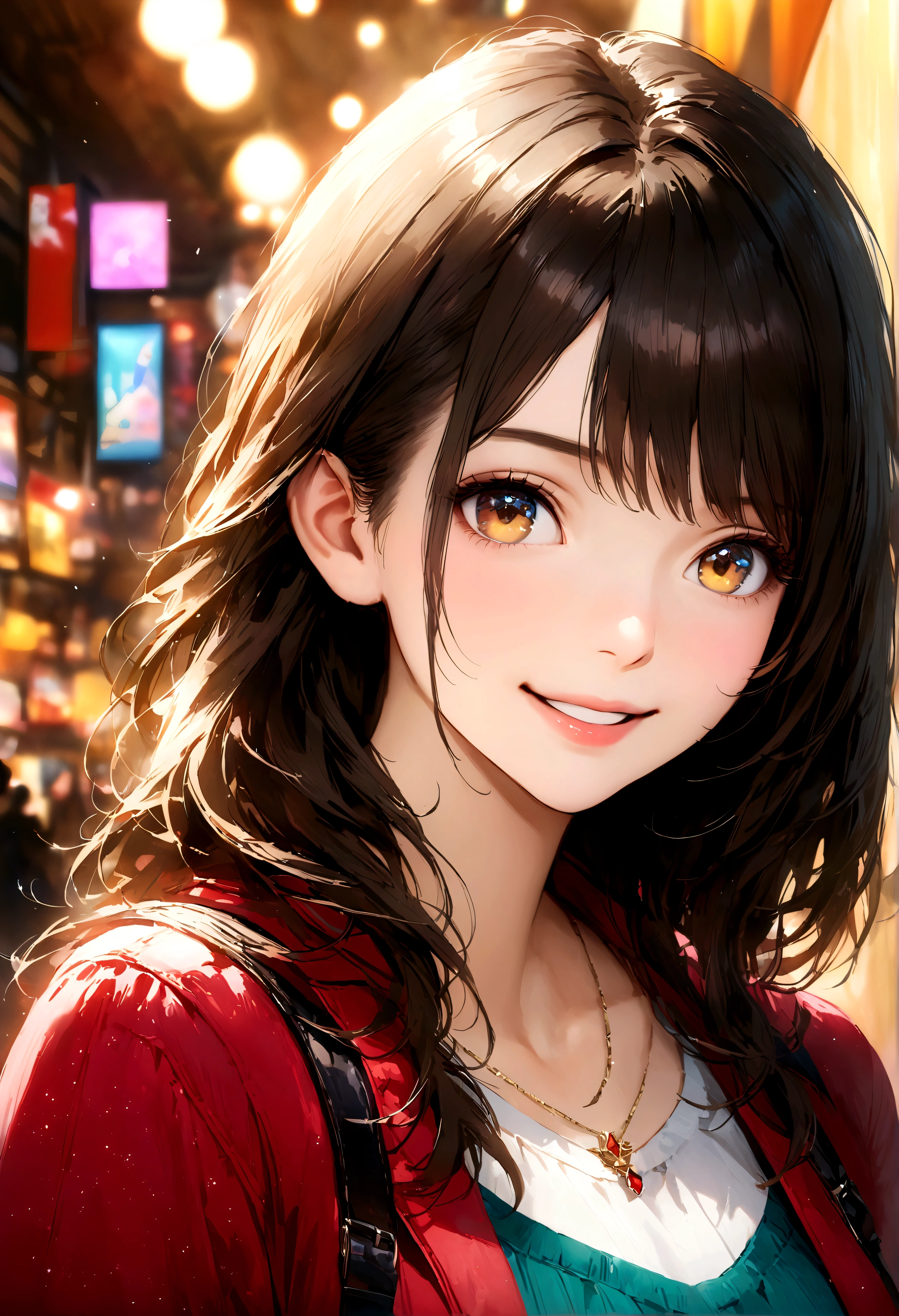 Shinjuku, Cute casual clothes,On a date,Blur the background,high school girl,smile,Glitter effect,Highest quality, 4K, 8K, High resolution, masterpiece:1.2, Very detailed, Realistic:1.37, High resolution, 超High resolution, Ultra-fine painting, Sharp focus, Physically Based Rendering, Very detailedな説明, Professional, Vibrant colors