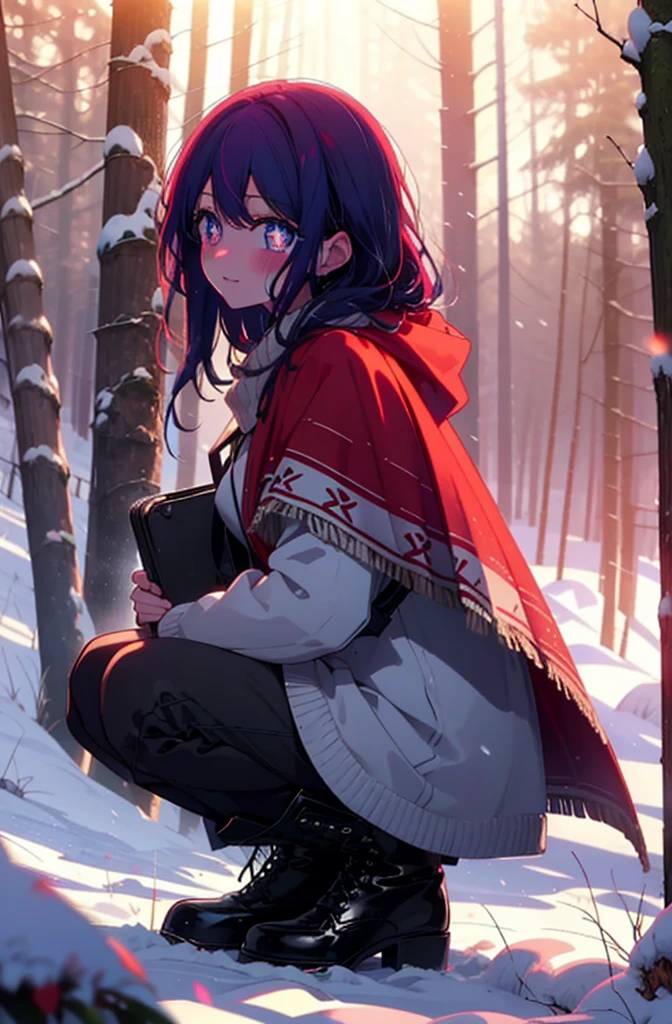 aihoshino, Ai Hoshino, Long Hair, bangs, (Purple eyes:1.1), Purple Hair, (Symbol-shaped pupil:1.5), smile,,smile,blush,White Breath,
Open your mouth,snow,Ground bonfire, Outdoor, boots, snowing, From the side, wood, suitcase, Cape, Blurred, , forest, White handbag, nature,  Squat, Mouth closed, Cape, winter, Written boundary depth, Black shoes, red Cape break looking at viewer, Upper Body, whole body, break Outdoor, forest, nature, break (masterpiece:1.2), Highest quality, High resolution, unity 8k wallpaper, (shape:0.8), (Beautiful and beautiful eyes:1.6), Highly detailed face, Perfect lighting, Extremely detailed CG, (Perfect hands, Perfect Anatomy),