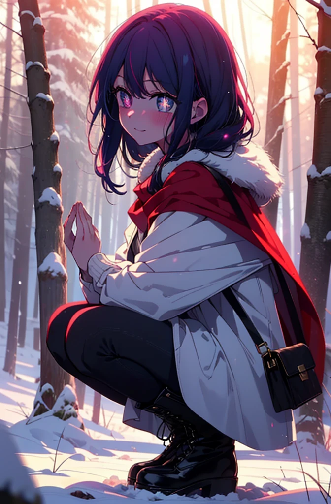aihoshino, Ai Hoshino, Long Hair, bangs, (Purple eyes:1.1), Purple Hair, (Symbol-shaped pupil:1.5), smile,,smile,blush,White Breath,
Open your mouth,snow,Ground bonfire, Outdoor, boots, snowing, From the side, wood, suitcase, Cape, Blurred, , forest, White handbag, nature, Squat, Mouth closed, Cape, winter, Written boundary depth, Black shoes, red Cape break looking at viewer, Upper Body, whole body, break Outdoor, forest, nature, break (masterpiece:1.2), Highest quality, High resolution, unity 8k wallpaper, (shape:0.8), (Beautiful and beautiful eyes:1.6), Highly detailed face, Perfect lighting, Extremely detailed CG, (Perfect hands, Perfect Anatomy),
