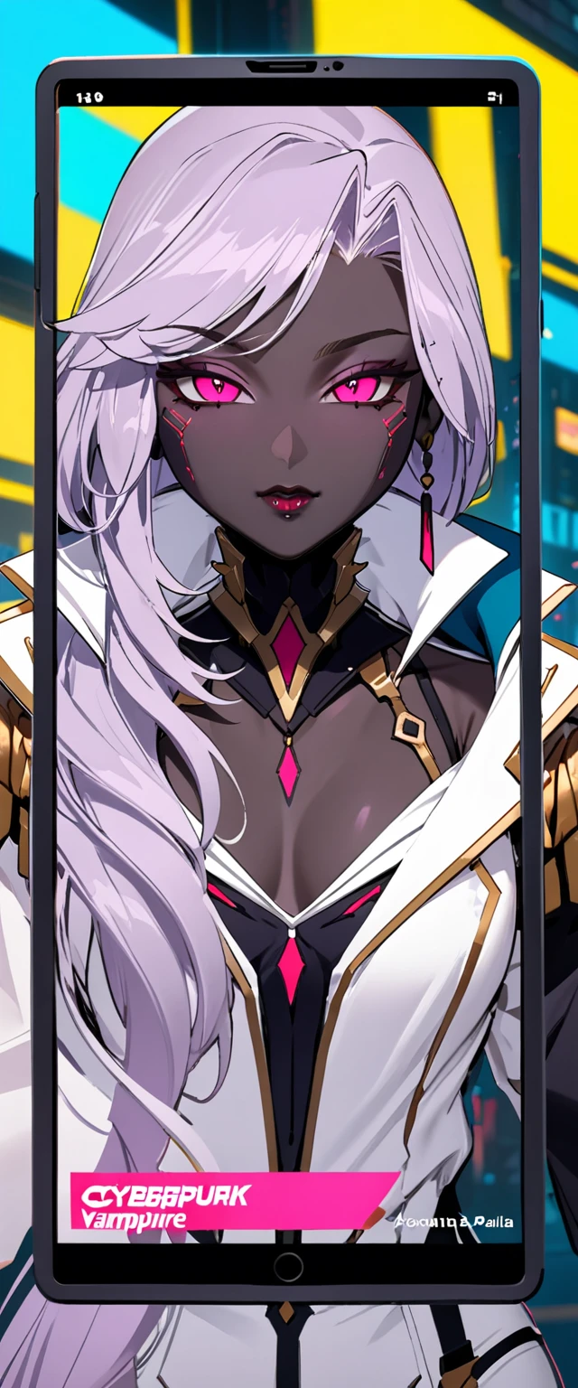 (masterpiece, best quality:1.2), 1girl, solo, Sonata, cyberpunk vampire with Palia, purple hair, in hads white tablet screen to viewer, black african skin
