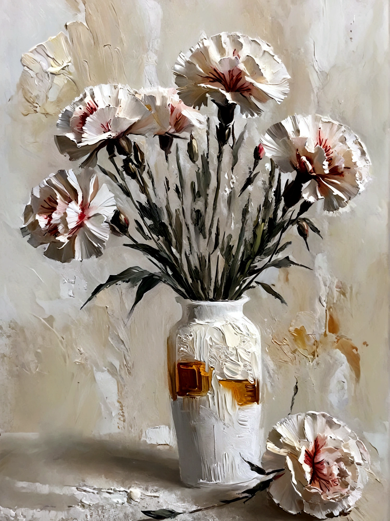 vase，Carnation，Small flowers，Flowers，White background，vanilla，cream，whiskey，Abstract Art，emotion，emotion，Thick textured paint, 