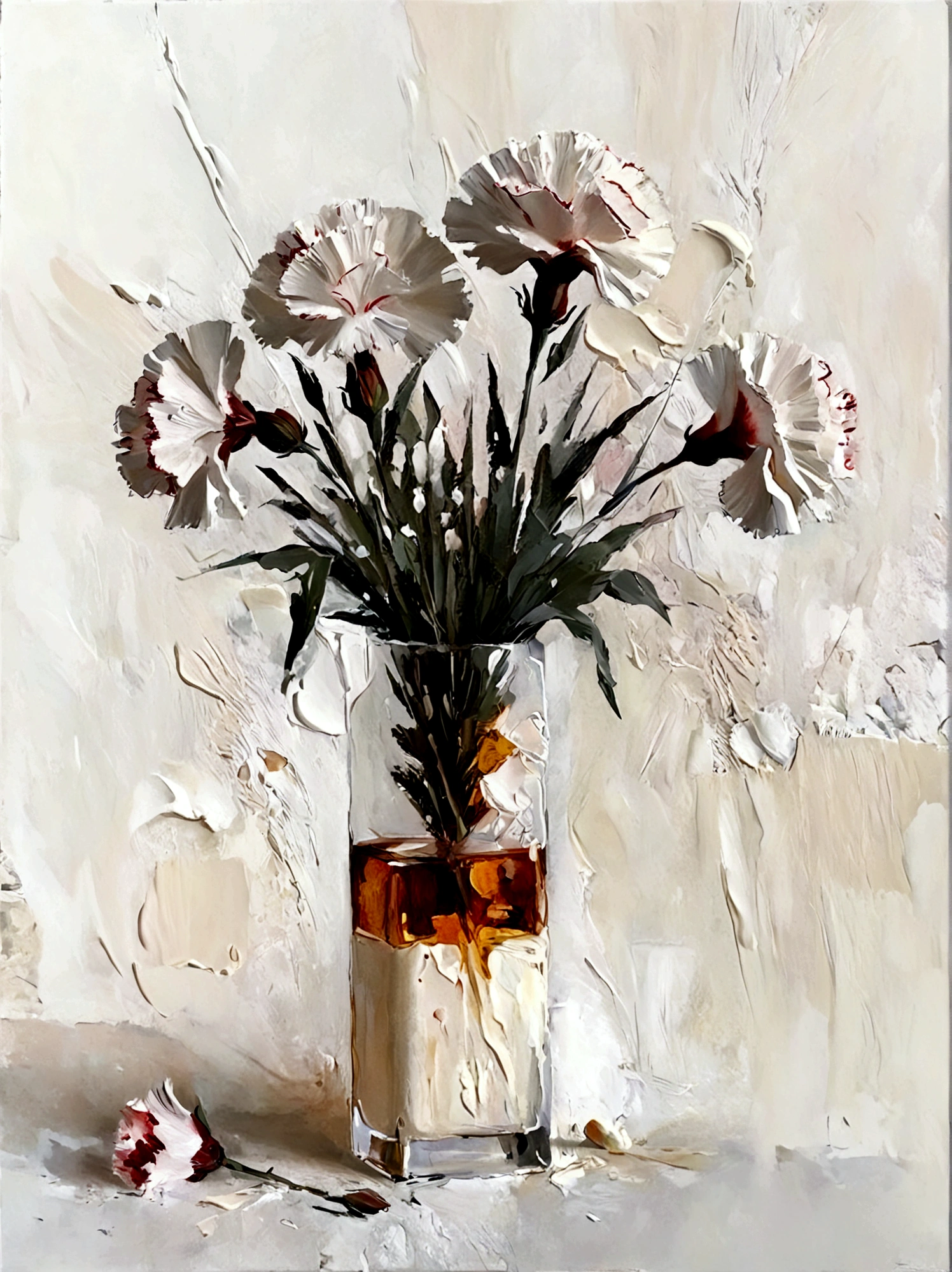 vase，Carnation，Small flowers，Flowers，White background，vanilla，cream，whiskey，Abstract Art，emotion，emotion，Thick textured paint, 