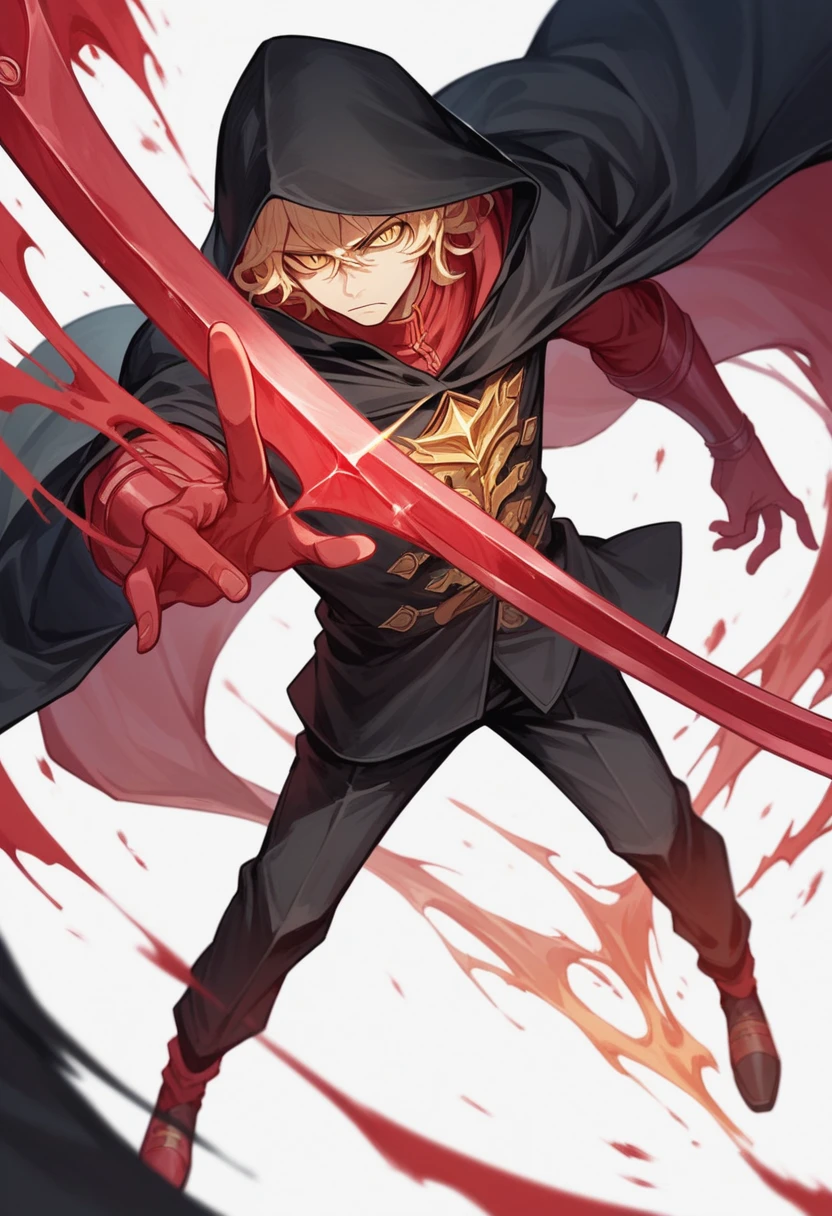 anime boy wearing a black hooded cloak, long black dense wavy hair, gold eyes, holding a crimson sword with his 2 hands and golden energy around him, 4k, anime