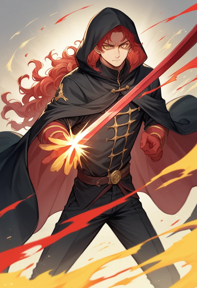 anime boy wearing a black hooded cloak, long black dense wavy hair, gold eyes, holding a crimson sword with his 2 hands and golden energy around him, 4k, anime