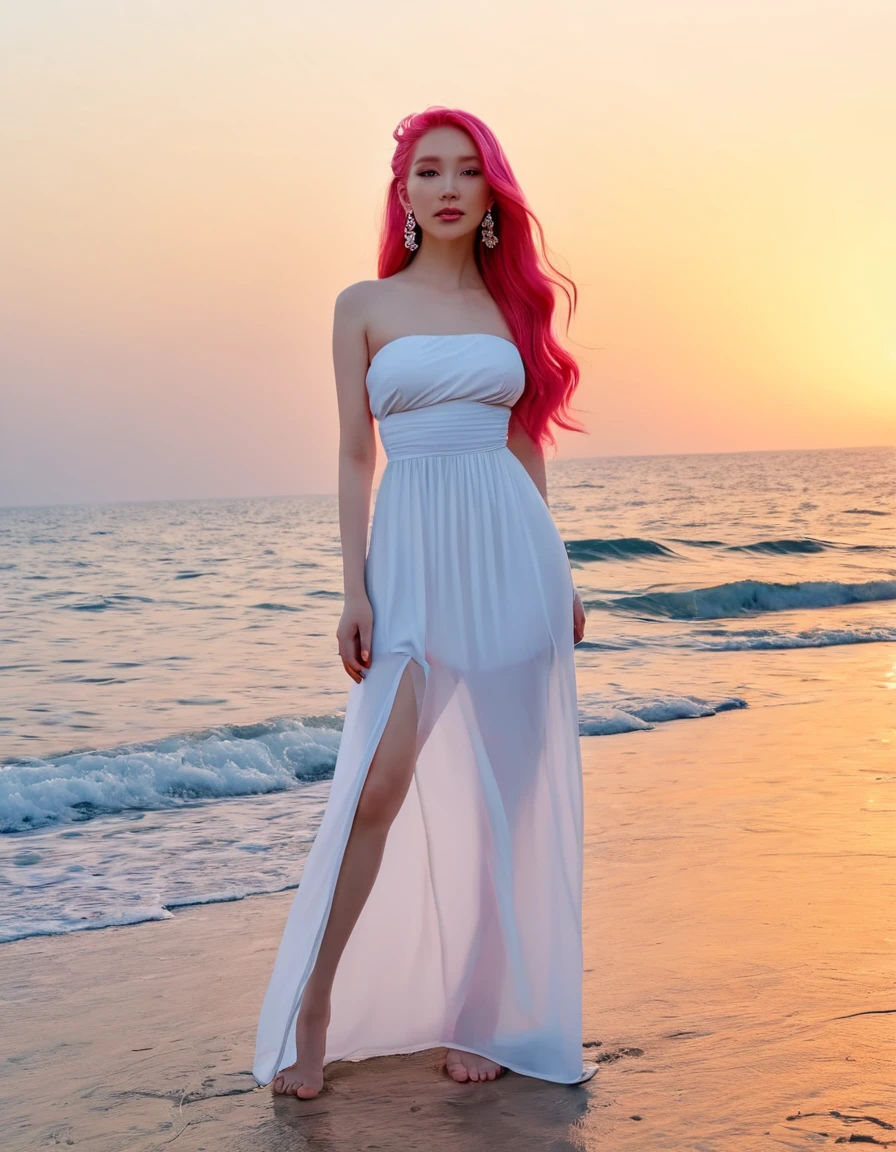 beautiful woman with long hair,hair styled, ((top quality、8k、​Masterpiece:1.3))、Extremely delicate and beautiful girl，full-body shot，， H cup， Bandeau maxi dress，sunset，sunset。 Wear big earrings，Very white skin， Reveal a little，White and smooth skin，Smooth and fair skin，flawless skin，Fair and shiny skin，cold white skin, bright light, long pink hair, wide angle shot
