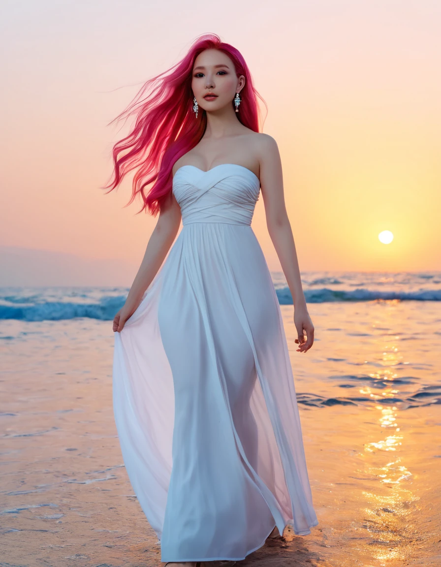 beautiful woman with long hair,hair styled, ((top quality、8k、Masterpiece:1.3))、Extremely delicate and beautiful girl,full-body shot,, H cup, Bandeau maxi dress,sunset,sunset。 Wear big earrings,Very white skin, Reveal a little,White and smooth skin,Smooth and fair skin,flawless skin,Fair and shiny skin,cold white skin, bright light, long pink hair, wide angle shot