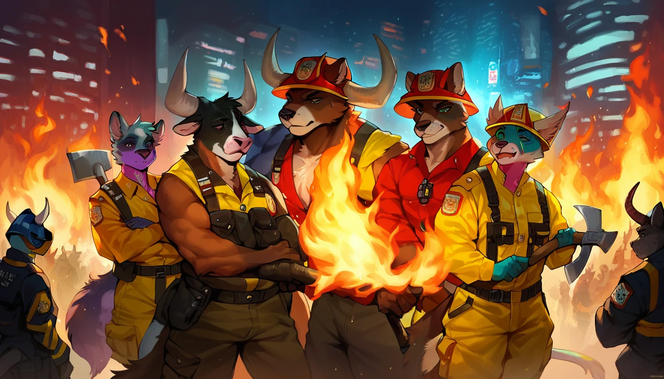 score_9, score_8_up, score_7_up, (cyberpunk city, wildfire, emergency, fire on background),
((furry:1.2), anthro, horns, crowd, group, gang, 2others, (female, male), (portrait, standing), (holding axe), ((wearing firefighter uniform), (wearing helmet)), ((bull fur)), muscular, beautiful, (have cyberpunk-style additions)