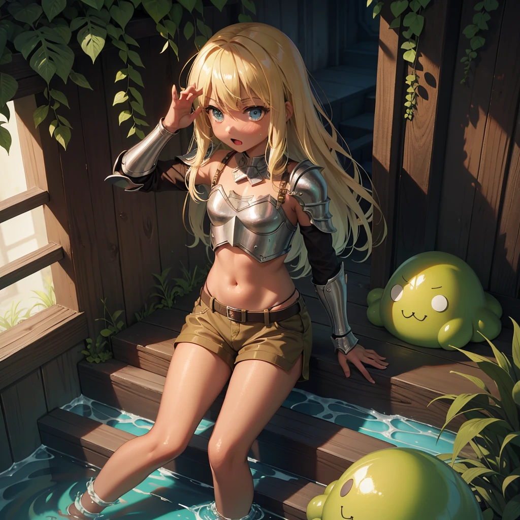 最high quality、high quality、Simple Cloth Armor、Chibi Girl Adventurer、Descend the maze stairs、brown shorts、Equipped with a dagger and a shield、In a dark maze、The body is being swallowed by slime