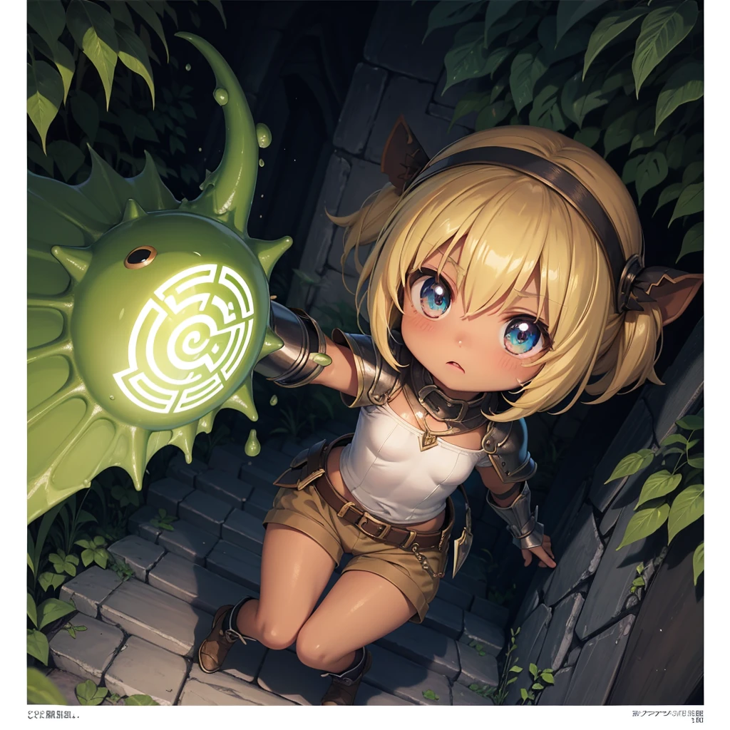 最high quality、high quality、Simple Cloth Armor、Chibi Girl Adventurer、Descend the maze stairs、brown shorts、Equipped with a dagger and a shield、In a dark maze、The body is being swallowed by slime