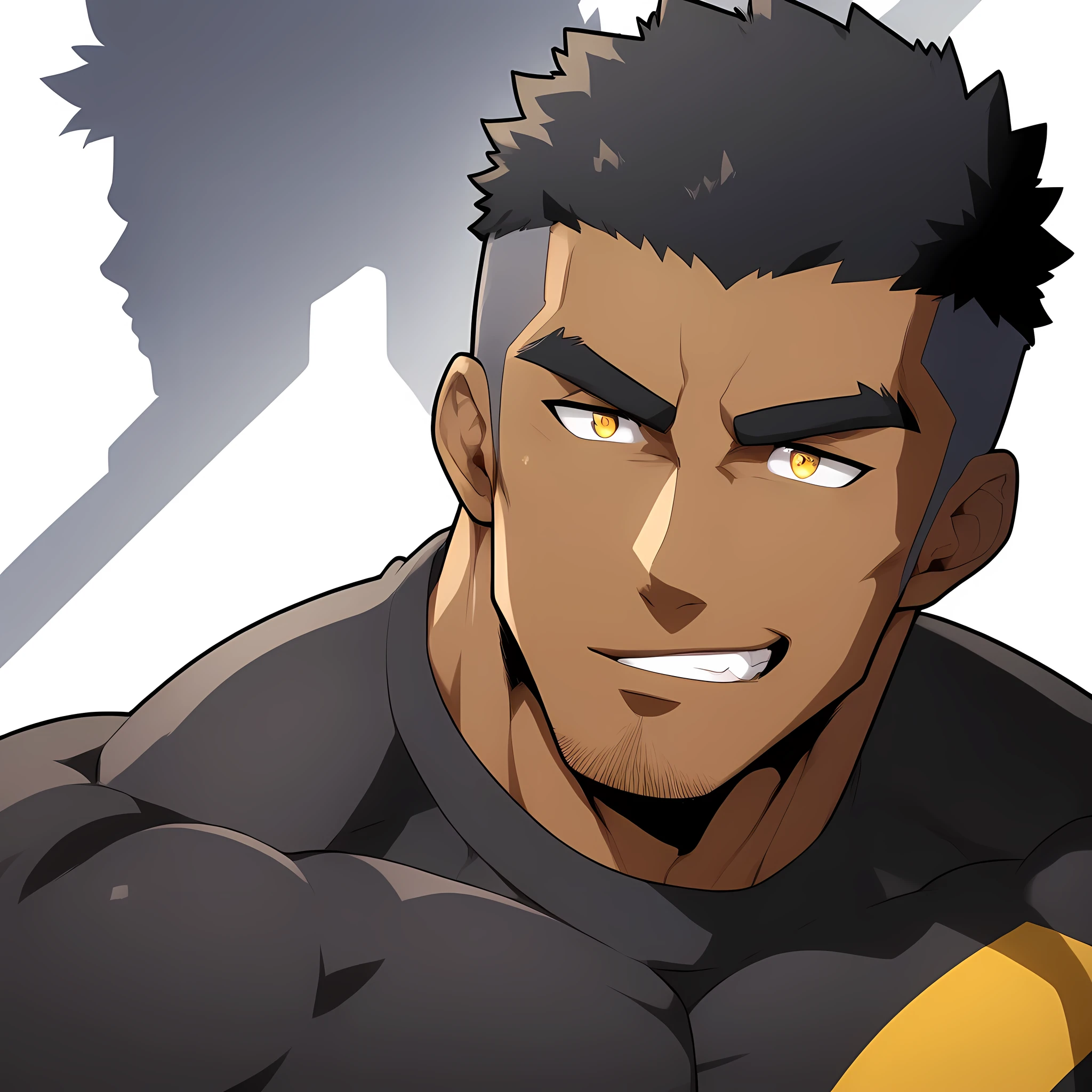 negro, negro, negro, anime characters：Gyee, Muscle Sports Student, negro black skin, 1 muscular tough guy, Manliness, male focus, Dark grey and Yellow long sleeve tights, Very tight, The pectoral muscles are oversized, Slightly transparent, muscular male, muscular, only, Upper body, alone, Black short hair, Thick eyebrows, stubble, Yellow eyes, White background, simple background, amazing quality, best aesthetics, Ridiculous, bright pupils, crew cut, parted lips, seductive smile, torogao, naughty face, drop shadow, best quality