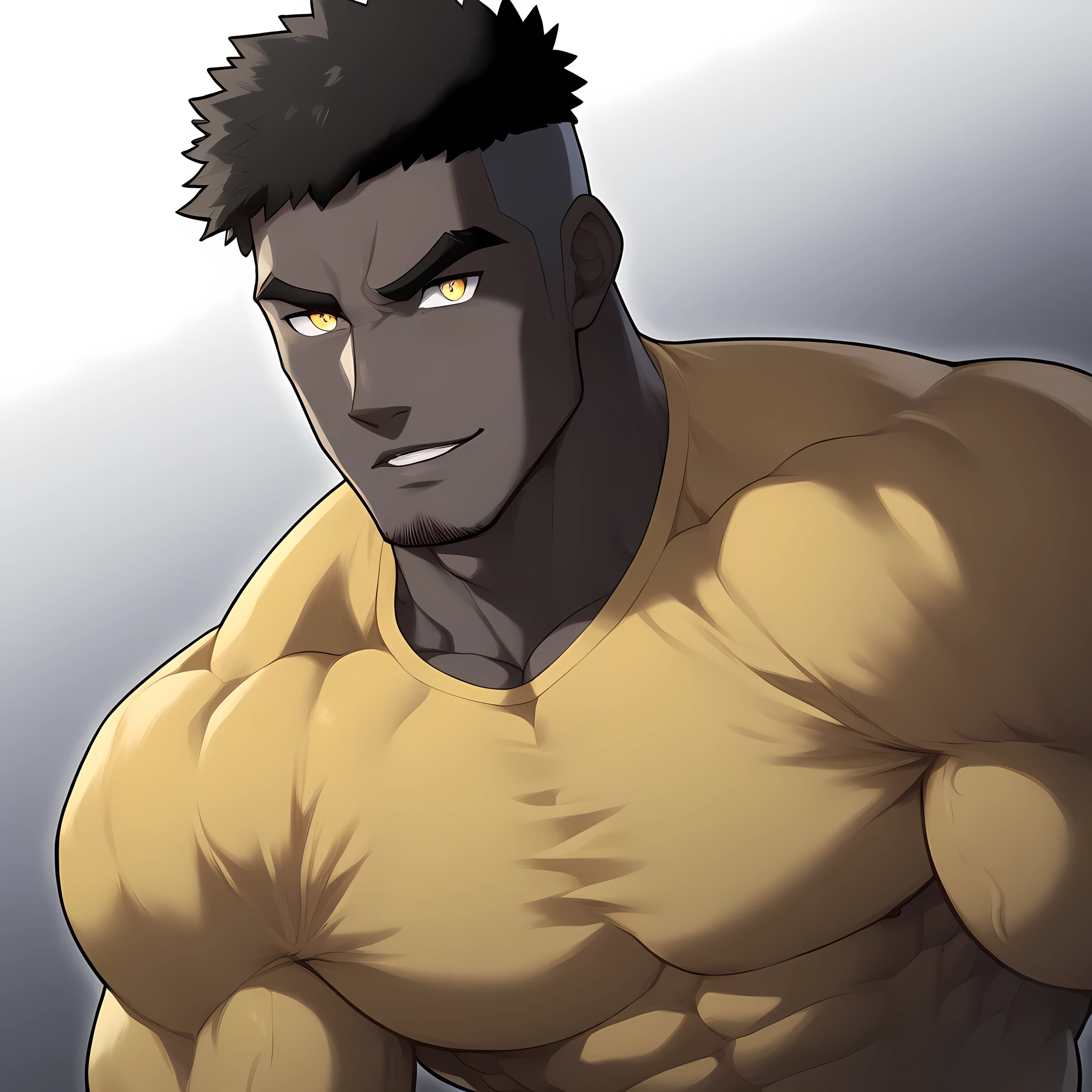 negro, negro, negro, anime characters:Gyee, Muscle Sports Student, negro black skin, 1 muscular tough guy, Manliness, male focus, Dark grey and Yellow long sleeve tights, Very tight, The pectoral muscles are oversized, Slightly transparent, muscular male, muscular, only, Upper body, alone, Black short hair, Thick eyebrows, stubble, Yellow eyes, White background, simple background, amazing quality, best aesthetics, Ridiculous, bright pupils, crew cut, parted lips, seductive smile, torogao, naughty face, drop shadow, best quality