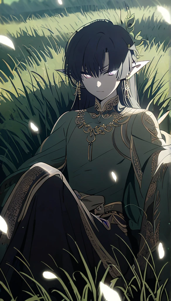 1man, elven ears, earth god, dark black hair, short fluffy hairstyle, glowing grey eyes, grass fields, thai style, elegant, traditional thai clothes,