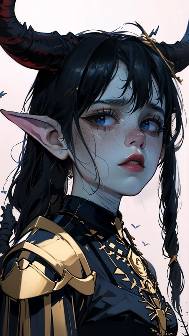 a close up of a woman with horns and a bird on her shoulder, artwork in the style of guweiz, she has elf ears and gold eyes, dungeons and dragons portrait, realistic female faces, hatched pointed ears, gothic influence, by Dong Yuan, new character, an ai generated image, gothic face