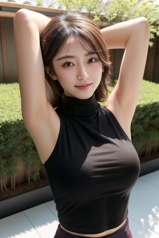 (masterpiece, best quality), intricate details, 1girl, medium breasts, kujou sara, black croptop, turtleneck, sleeveless, outdoor garden, seductive smile, cleavage, sweaty, arms up, detailed armpits, sweaty armpits, red mask on head