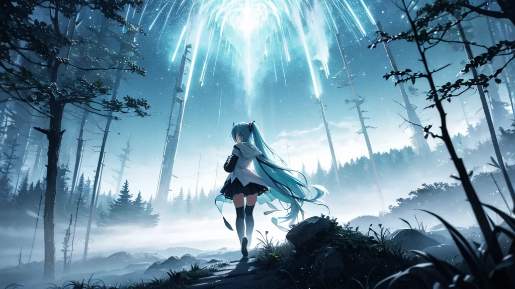 Set against the backdrop of an adventurous fantasy world、This is an image of Hatsune Miku walking through a dark forest.。She wears a mysterious cloak、In his hand he holds a glowing wand。The surroundings are shrouded in fog、In the distance you can see the silhouette of an ancient castle。The sky is a starry night、The moon casts a magical light over the forest.。