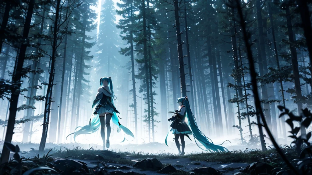Set against the backdrop of an adventurous fantasy world、This is an image of Hatsune Miku walking through a dark forest.。She wears a mysterious cloak、In his hand he holds a glowing wand。The surroundings are shrouded in fog、In the distance you can see the silhouette of an ancient castle。The sky is a starry night、The moon casts a magical light over the forest.。