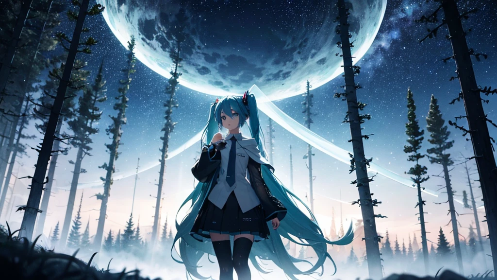Set against the backdrop of an adventurous fantasy world、This is an image of Hatsune Miku walking through a dark forest.。She wears a mysterious cloak、In his hand he holds a glowing wand。The surroundings are shrouded in fog、In the distance you can see the silhouette of an ancient castle。The sky is a starry night、The moon casts a magical light over the forest.。