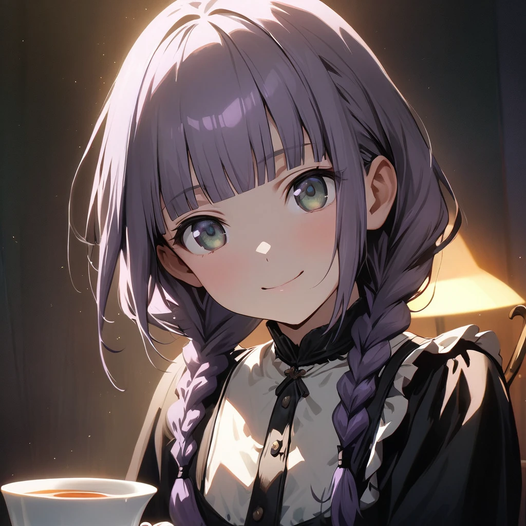 (Cute a girl:1.5), (masterpiece:1.3), anime visual,  (Lovey-dovey:1.5), (tilt head:1.3), extremely delicate face, realistic lighting and shading, (an extremely delicate and beautiful art:1.3),15 years old,smiling,(pale purple wavy and blunt bangs braids hair,green and black eyes,portrait:1.5)from front,fullbody shot,full body shot,White brim, black gothic maid outfit, black knee-high socks, leather shoes,night lit,cowboy shots,Tea time before bedtime,
