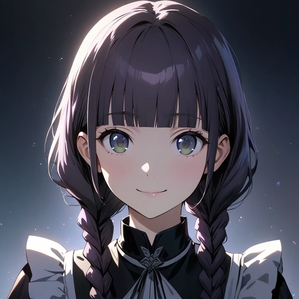 (Cute a girl:1.5), (masterpiece:1.3), anime visual, (Lovey-dovey:1.5), (tilt head:1.3), extremely delicate face, realistic lighting and shading, (an extremely delicate and beautiful art:1.3),15 years old,smiling,(pale purple wavy and blunt bangs braids hair,green and black eyes,portrait:1.5)from front,fullbody shot,full body shot,White brim, black gothic maid outfit, black knee-high socks, leather shoes,night lit,cowboy shots,Tea time before bedtime,