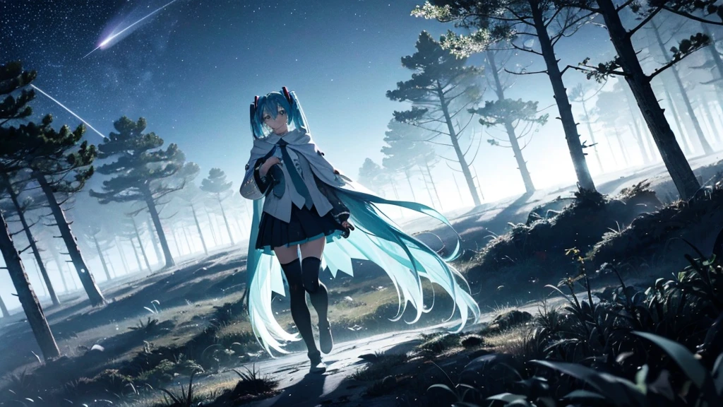 Set against the backdrop of an adventurous fantasy world、This is an image of Hatsune Miku walking through a dark forest.。She wears a mysterious cloak、In his hand he holds a glowing wand。The surroundings are shrouded in fog、In the distance you can see the silhouette of an ancient castle。The sky is a starry night、The moon casts a magical light over the forest.。