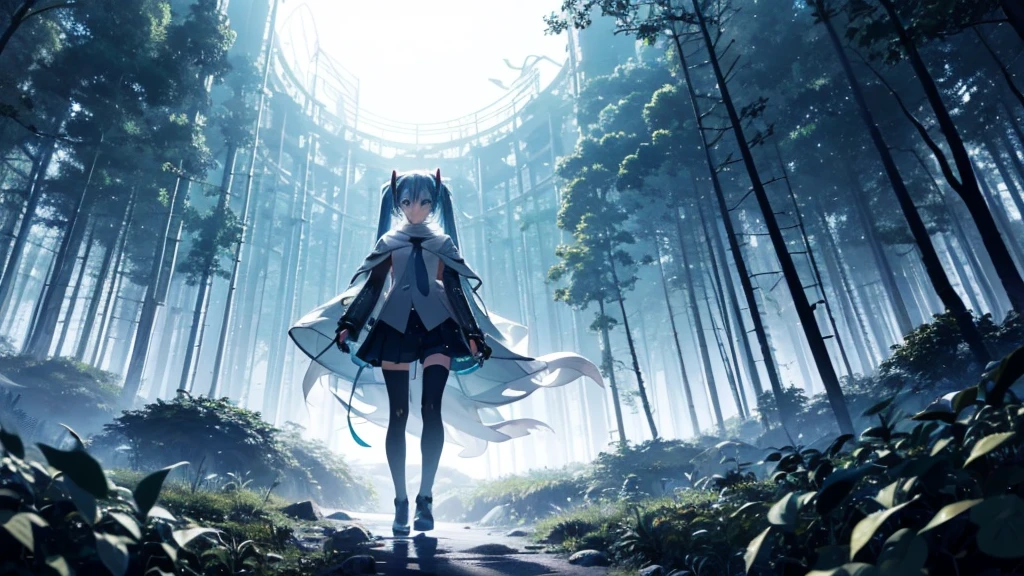 Set against the backdrop of an adventurous fantasy world、This is an image of Hatsune Miku walking through a dark forest.。She wears a mysterious cloak、In his hand he holds a glowing wand。The surroundings are shrouded in fog、In the distance you can see the silhouette of an ancient castle。The sky is a starry night、The moon casts a magical light over the forest.。