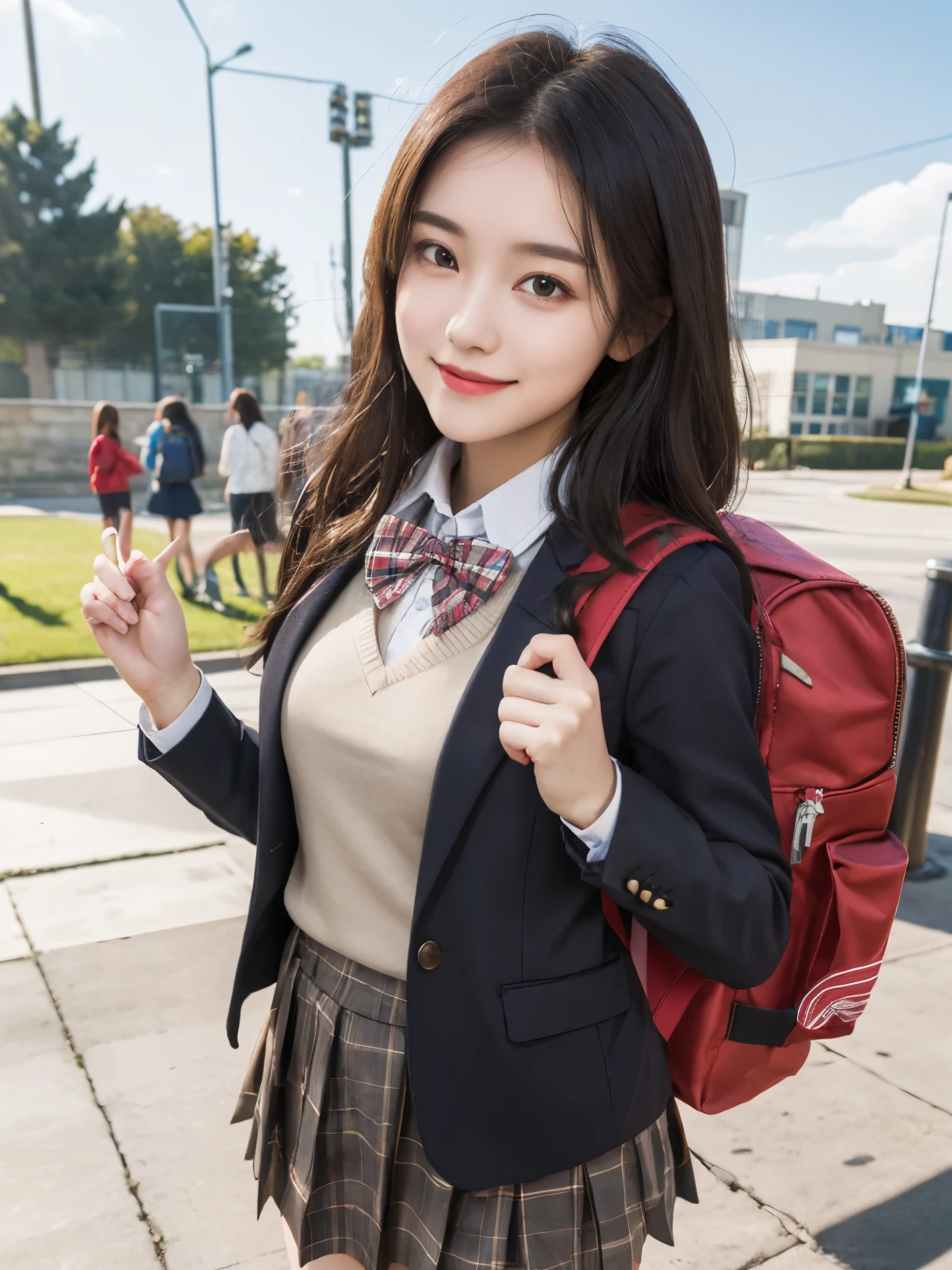 (masterpiece, best quality:1.0), highly detailed,  detail,  1girl , highschool student, long hair, brown hair, UNiform, red bowtie, collared shirt, sweater vest, blazer, black blazer, opened jacket, long sleeves, plaid skirt, brown skirt, outdoor, smile  standing, wearing backpack, (backpack:1.2)