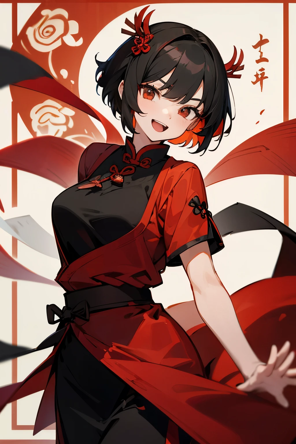 Older sister, short hair, black hair,open mouth smile,red sickle,Wearing a black and red cheongsam,There are hair clips, Edo period festivals, there are crowds, there are abs, there are muscles, cute, Chinese New Year Festival.