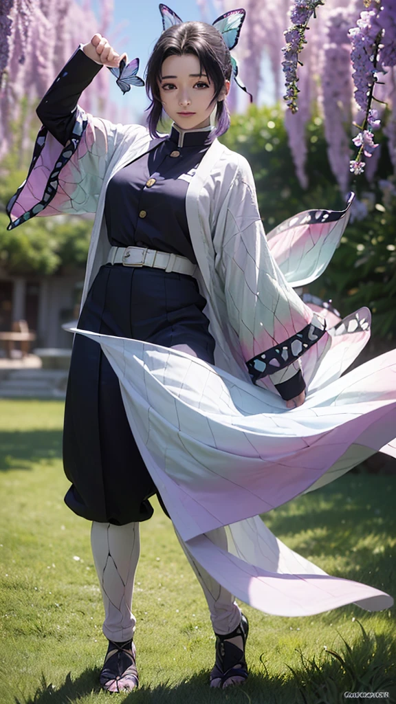 Ultra-realistic 8k CG,masterpiece,((ultra-detailed background, delicate pattern, intricate details)),best quality,very detailed face,extremely detailed eyes and face,extremely detailed eyes,kochou shinobu,multicolored hair,no bangs,hair intakes,purple eyes,forehead,black shirt,black pants,haori,butterfly,buttons,belt,(Garden:1.2),purple flower,chibi,cloudy sky,sunlight,Tindal effect,gradient_sky,face,Gorgeous sky,Waist Sabre,Charming posture, standing, idle, hand on hip, foot, full body, standing, hand on hip
