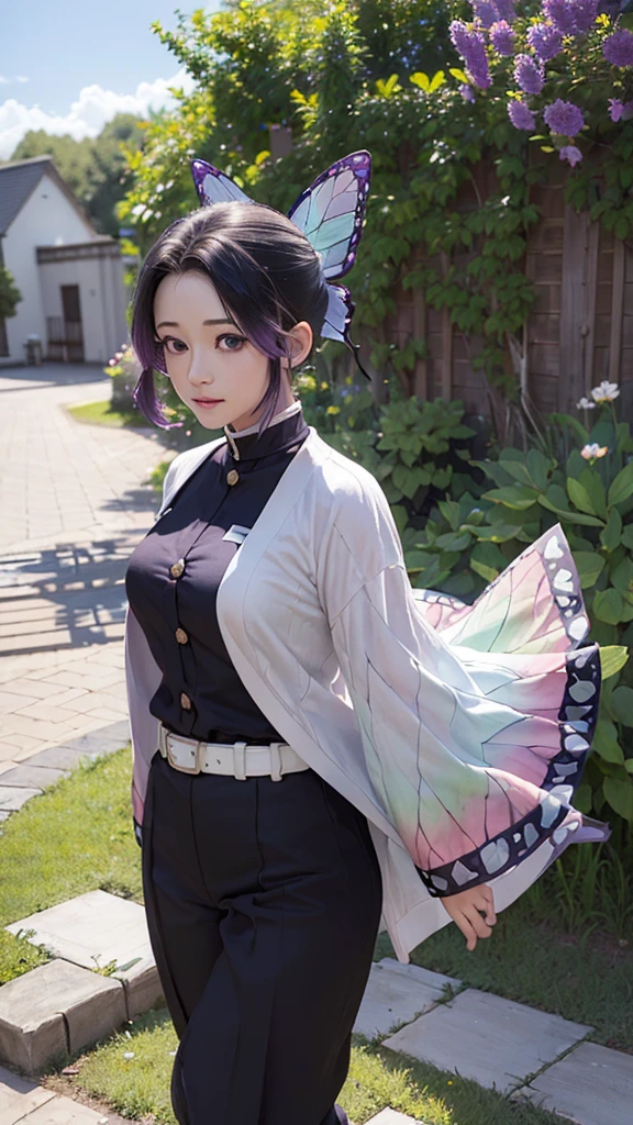 Ultra-realistic 8k CG,masterpiece,((ultra-detailed background, delicate pattern, intricate details)),best quality,very detailed face,extremely detailed eyes and face,extremely detailed eyes,kochou shinobu,multicolored hair,no bangs,hair intakes,purple eyes,forehead,black shirt,black pants,haori,butterfly,buttons,belt,(Garden:1.2),purple flower,chibi,cloudy sky,sunlight,Tindal effect,gradient_sky,face,Gorgeous sky,Waist Sabre,Charming posture, standing, idle, hand on hip, foot, full body, standing, hand on hip