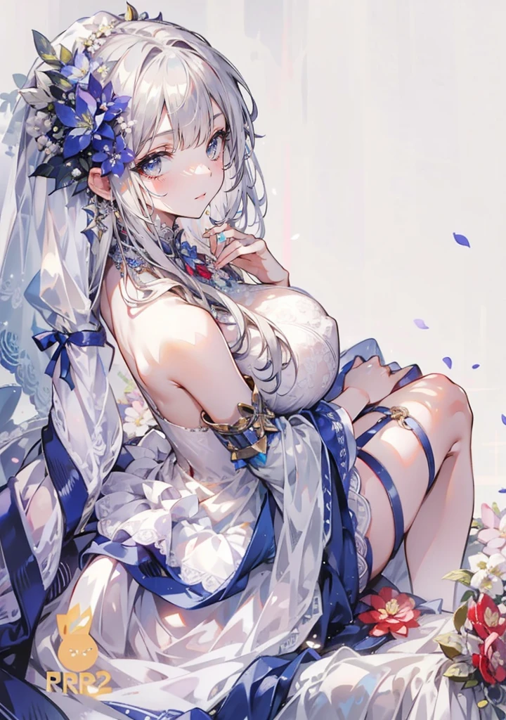 （（Best quality））， （（tmasterpiece）） wedding princess dress， llight rays， lens flare glow， White petals， long hair cat， exotic，Wedding flowers，Sense of lens，face to the viewer，The feeling of looking down，（flower wedding dress），Colossal tits