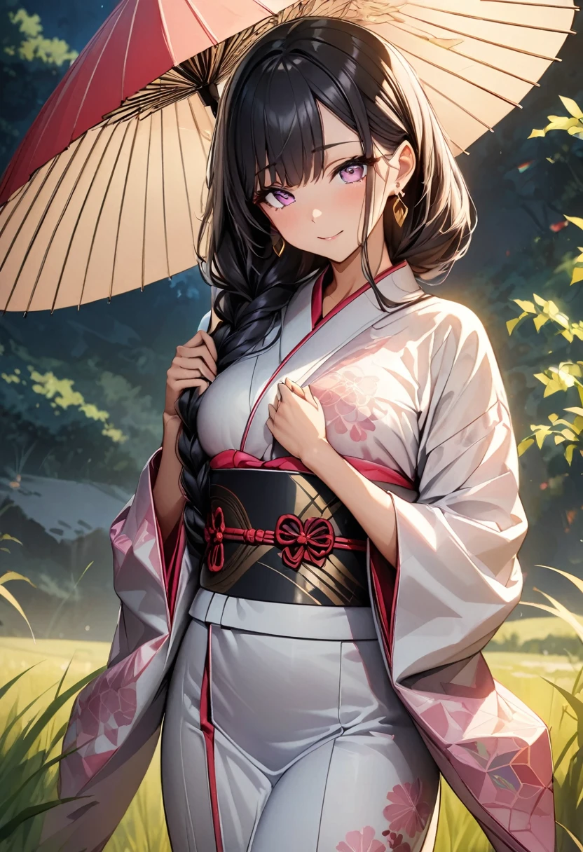 (Perfect Anatomy)、Mastepiece、Ultra High Quality、 8K、masterpiece、Highest quality、Ultra-high resolution、Maximum resolution、Very detailed、Professional Lighting、anime、Adult female、thin、so beautiful、Highly detailed eye、Highly detailed face、Golden earrings、Black Hair,、Pink eyes、Kimono with a beautiful pattern、Gorgeous kimono、kimono、Holding a Japanese umbrella、grassland, Braiding、Bangs that hide one eye、whole body