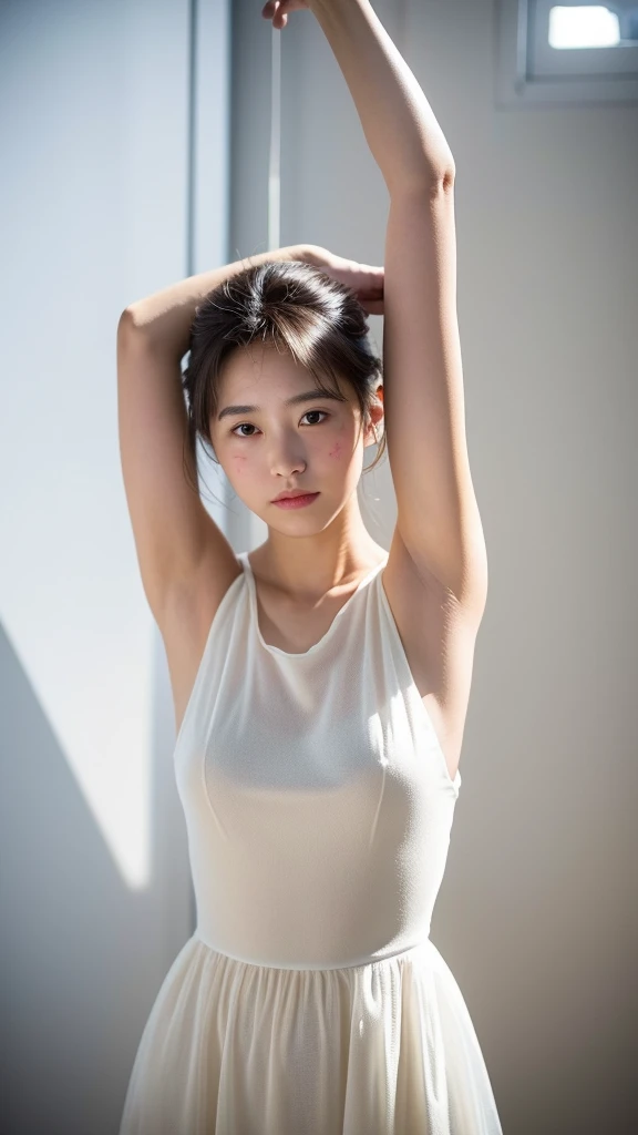 (Extra detailed body、The face is rich in detail、Best quality:1.2)、1 20-year-old girl, White Dress, （Backlight，see through silhouette：1.3）, Solitary, permanent, Raise your arms, Stretching exercises, Dance poses，Delicate face, White-skinned female, whole body
