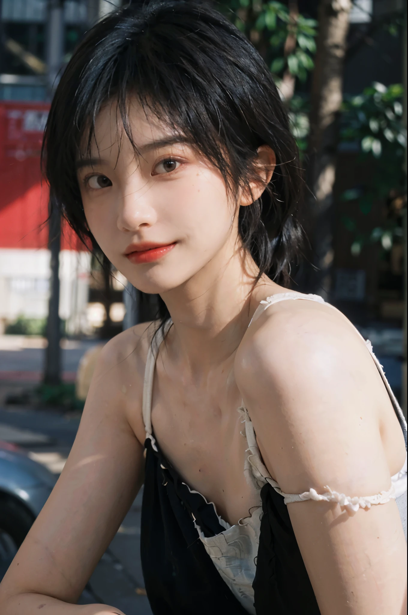 (Skin details:1.4), (smooth skin textures:1.3), Lipstick, background, Direct vision, earrings, serene, calm, (Realistic and detailed eyes:1.2), Natural skin texture, Realistic facial details, Soft dramatic lighting, Vivid details, 35 mm film, outdoor, (Photo Practical:1.4), (hyper Practical:1.4), (Practical:1.3), (Smoother lighting:1.05), (Improve lighting quality:0.9), (Highest quality real skin textures:1.4), Exquisite eyes, Delicate face, (Close-up of face, (Enhance the beauty of skin texture:1.1), Hair details, Noble temperament, (Black clothes 1.3), normal body ratio, short hair, Headband, Moles under the eyes, thinking, A faint smile,,户外background,Portrait Photography, Depth of Field, Bokeh, Surrealism, Ray Tracing, (Portrait Photography:1.1), Surrealism, High Detail, Chiaroscuro, Ray Tracing, reflected light, Ultra HD, Ultra HD, masterpiece, Textured Skin, Super Detail, High Detail, high quality, best quality