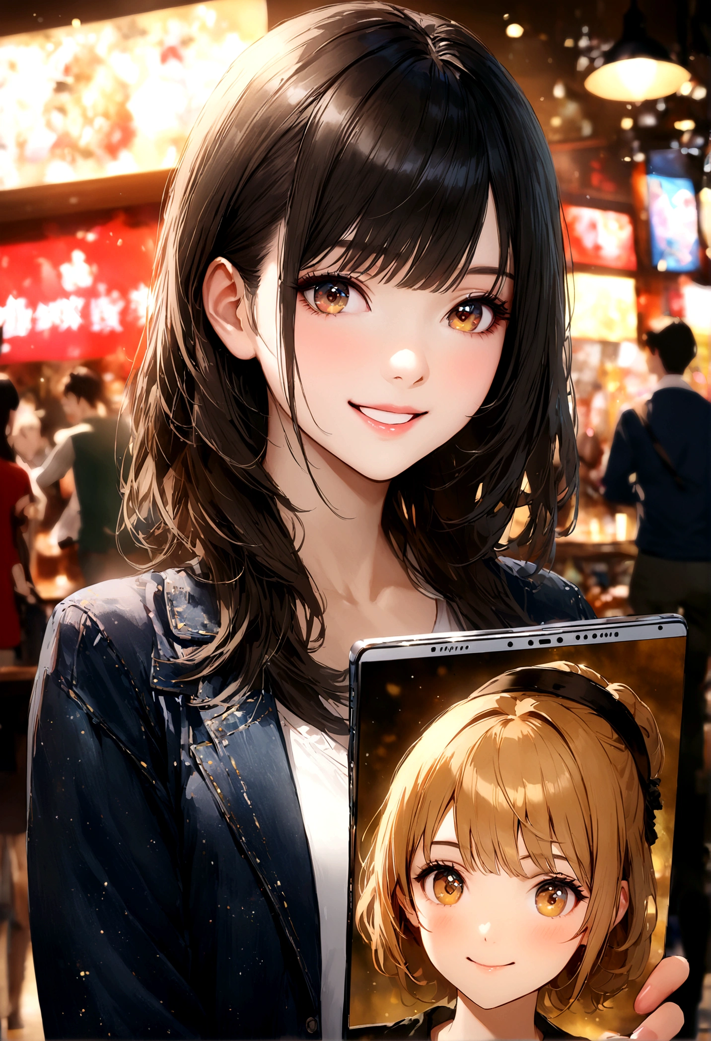 Shinjuku, Cute casual clothes,On a date,Blur the background,high school girl,smile,Glitter effect,Highest quality, 4K, 8K, High resolution, masterpiece:1.2, Very detailed, Realistic:1.37, High resolution, 超High resolution, Ultra-fine painting, Sharp focus, Physically Based Rendering, Very detailedな説明, Professional, Vibrant colors