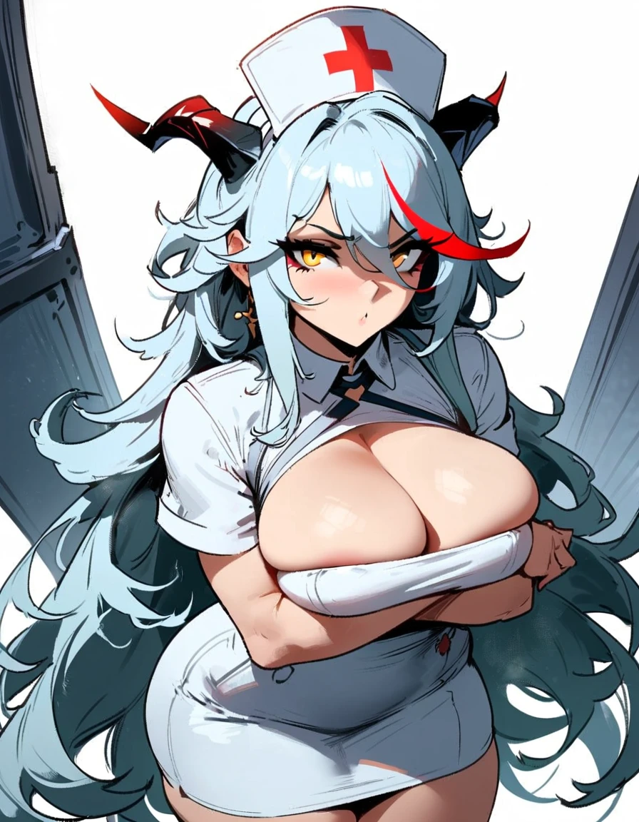 1girl, aegir \(azur lane\), azur lane \\\\\ masterpiece, best quality, very aesthetic, absurdres, newest \\\\\\ sportive body, \\\\\\ by nyantcha,,by cutesexyrobutts,by khyle ///// white hair with a single prominent red streak, black horns, yellow eyes, , white (nurse outfit:1.2), skirt, , white pencil skirt, nurse cap, , , a red cross on the cap, standing, (white background:1.2), hands crossed under , rating general