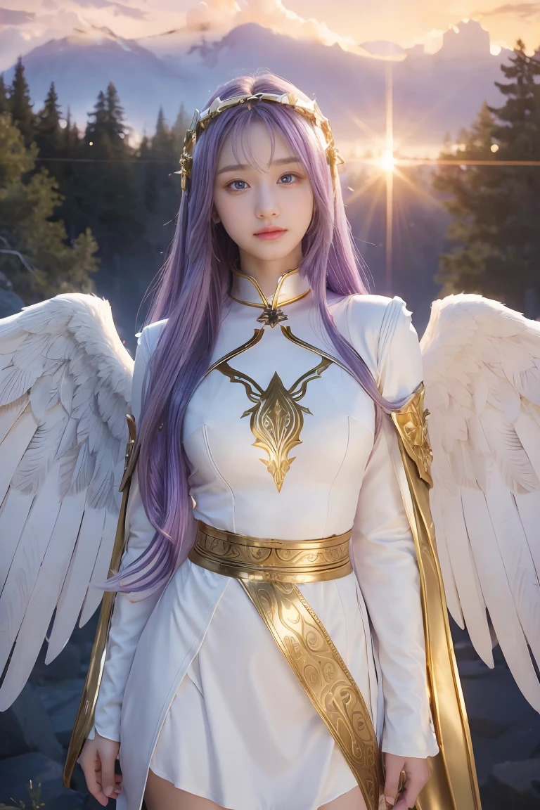 ((masterpiece, best quality, extremely detailed), volumetric lighting, ambient occlusion, colorful, glowing), 
1girl, solo, young girl, (purple hair), long hair, halo, aura, sacred, goddess, cleric suit, (white outfit with gold detailst:1.3), angel wings,
outdoors, sunset, sky, clouds, space, (fantasy theme:1.2),