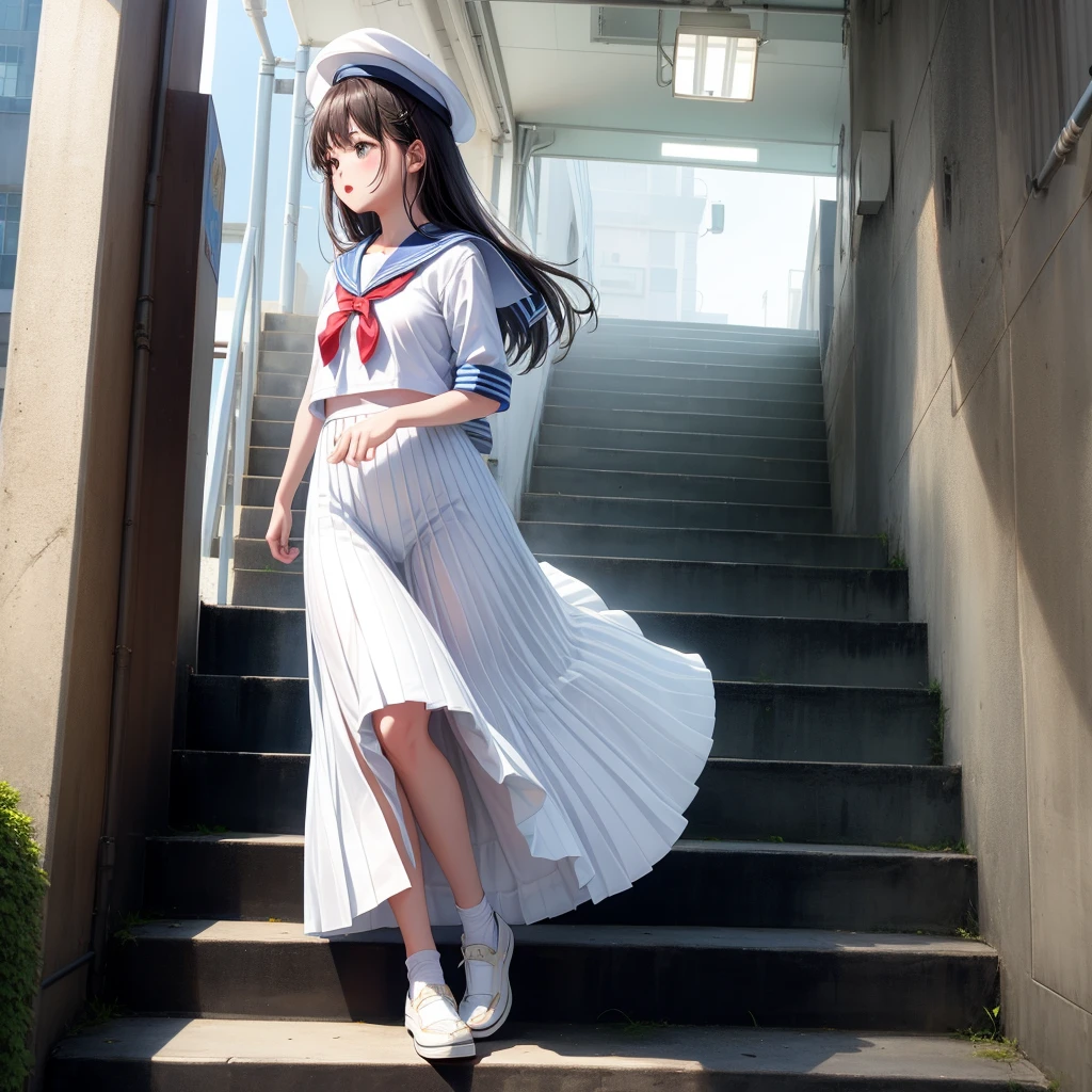 One Girl, Highest quality、Cinematic lighting、Sailor suit、Long skirt、Skirt lining、 going up the stairs、White panties、Station stairs、