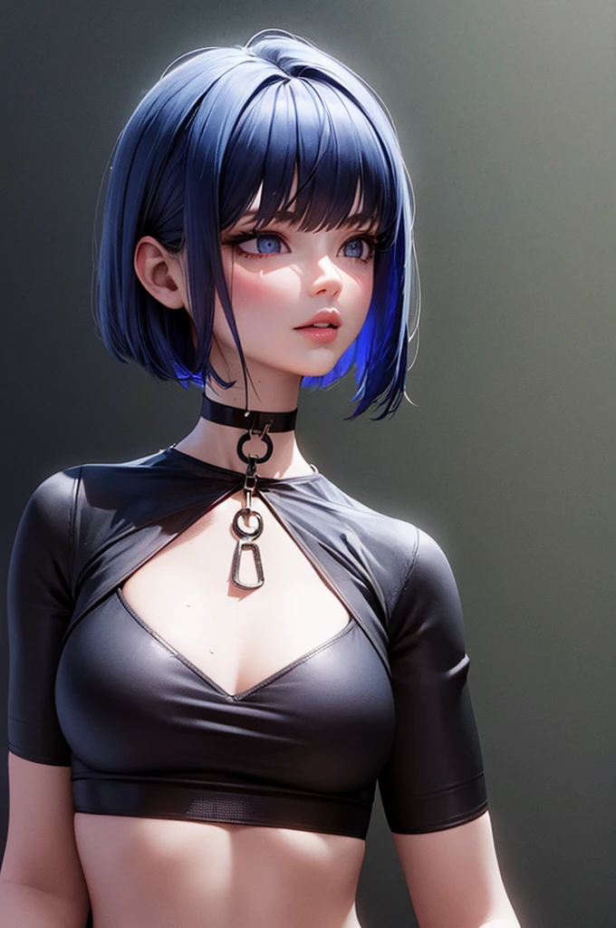 masterpiece, Highest quality,3dレンダリング作品 ,3dMMスタイル,close,Portraiture, 3d,One girl, alone, Multicolored Hair, Blue Hair, Black Hair, , Two-tone hair, Look to the side, Realistic, Upper Body, Simple Background, bangs, avert your eyes, short hair, parted lips, Iris, lips, Gothic, choker, compensate, black shirt, shirt,